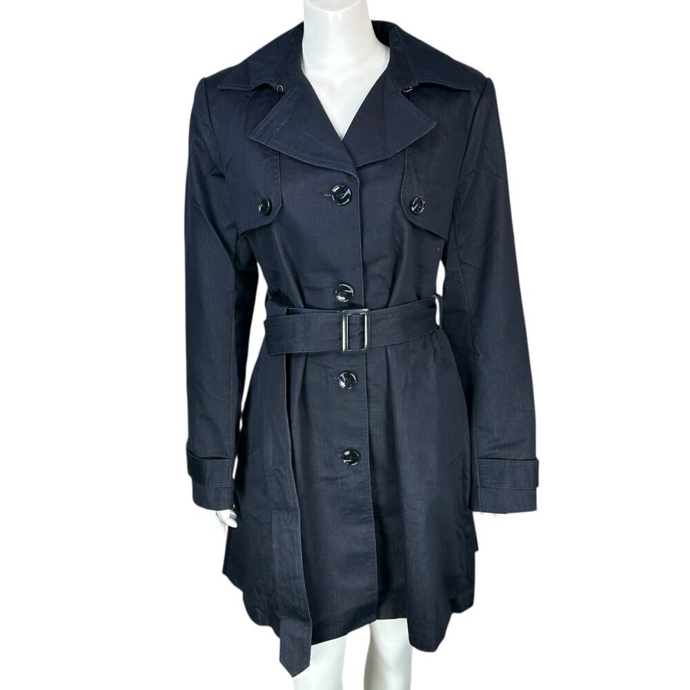 Chelsea & Theodore Trench Coat Jacket Womens 8 Fitted Pleated Belted Dark Denim